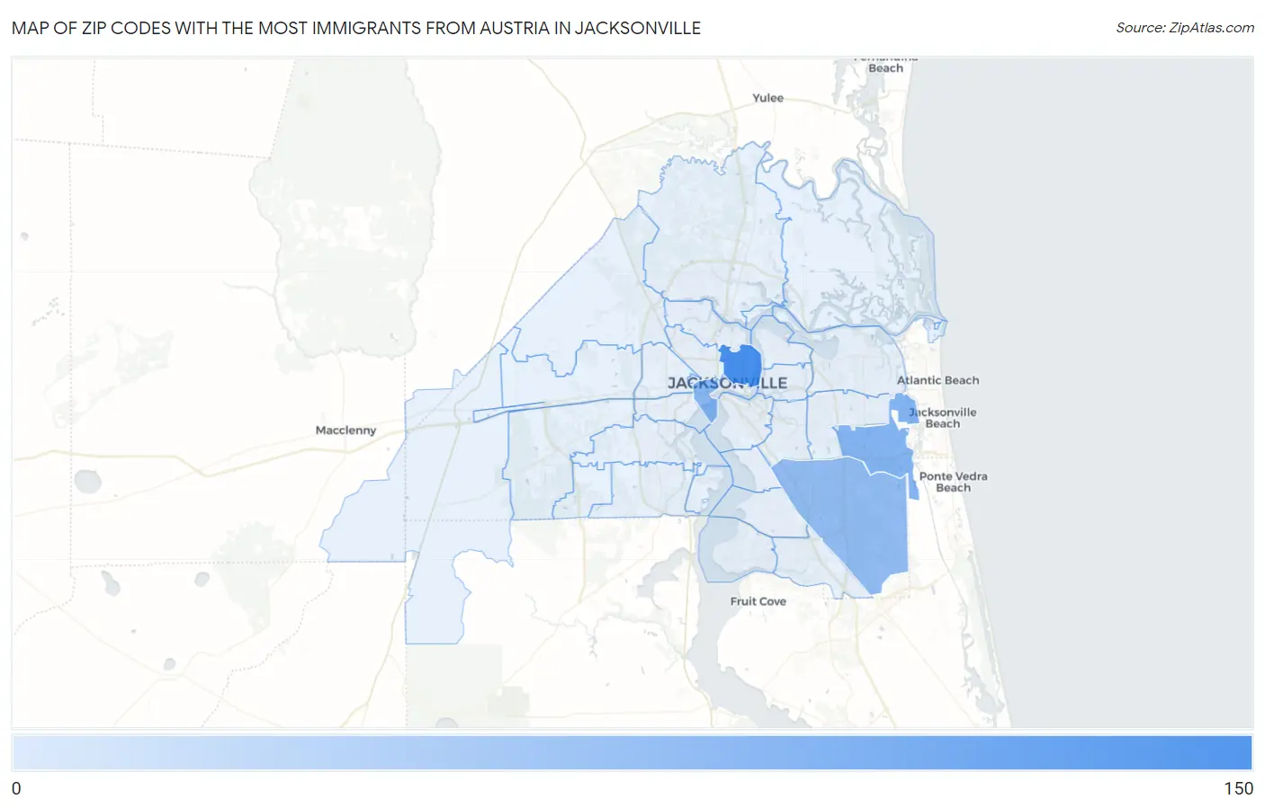 Zip Codes with the Most Immigrants from Austria in Jacksonville Map