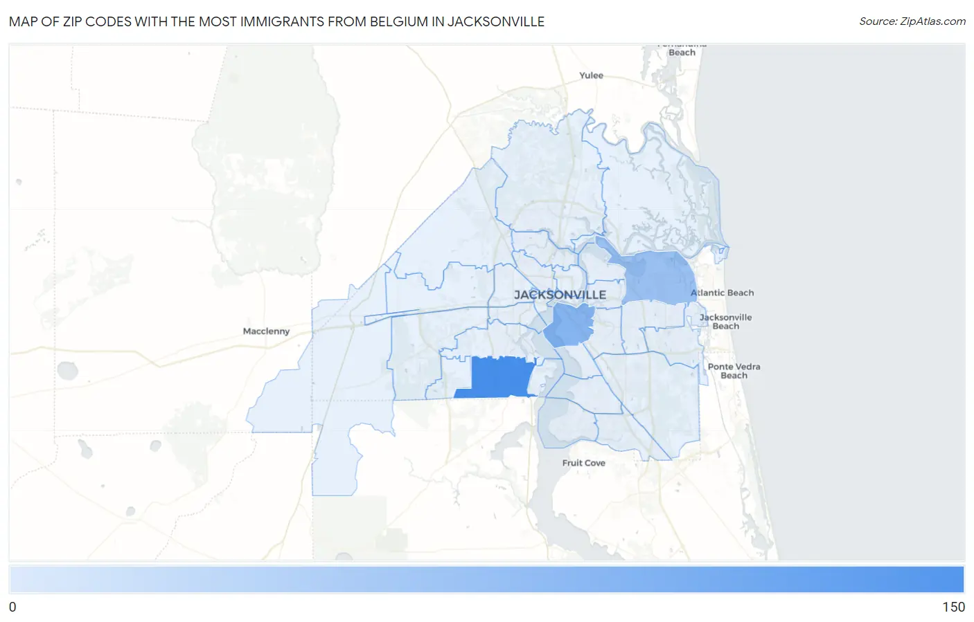 Zip Codes with the Most Immigrants from Belgium in Jacksonville Map