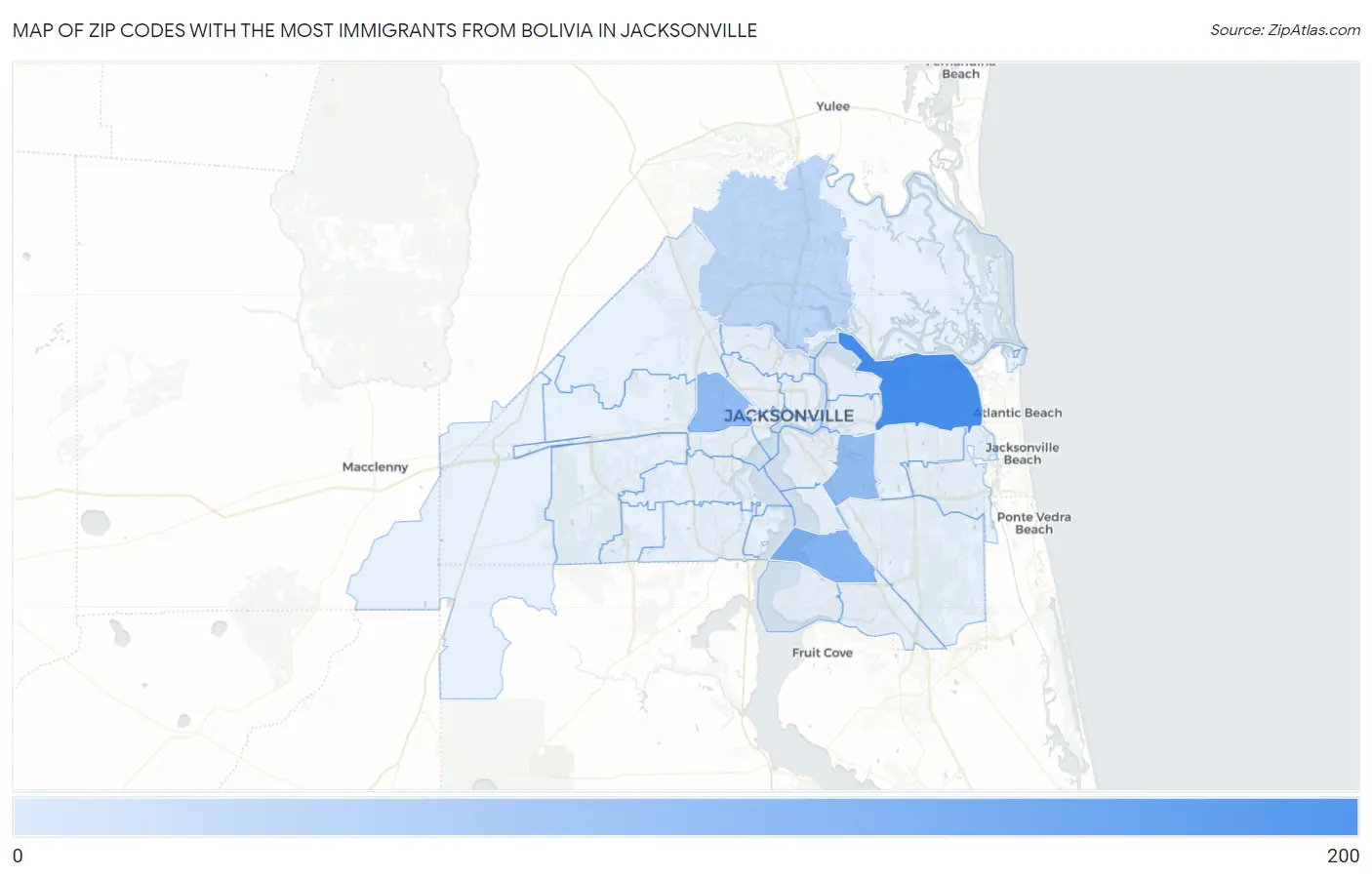 Zip Codes with the Most Immigrants from Bolivia in Jacksonville Map