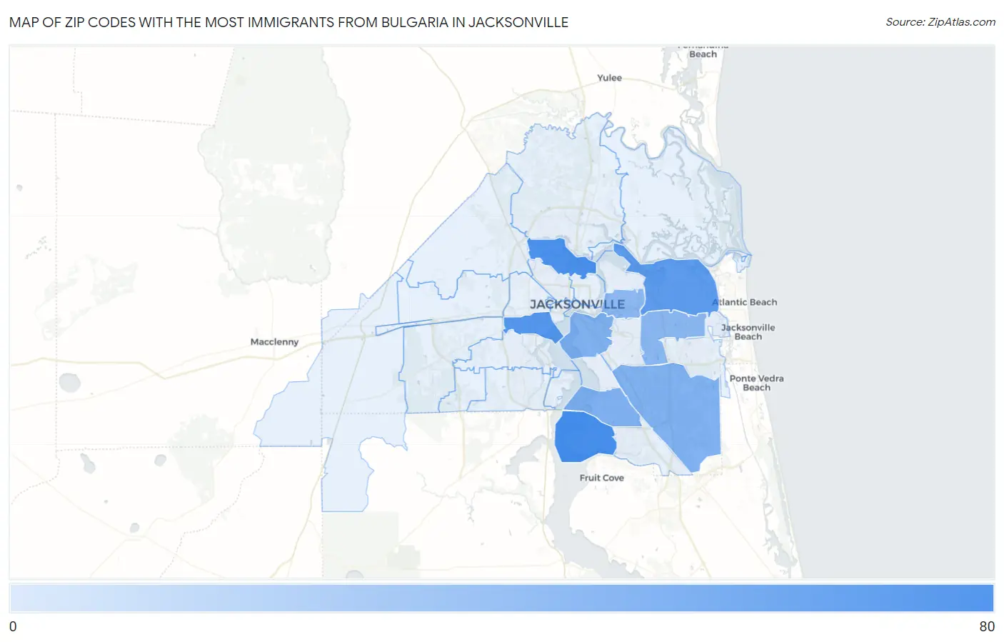 Zip Codes with the Most Immigrants from Bulgaria in Jacksonville Map