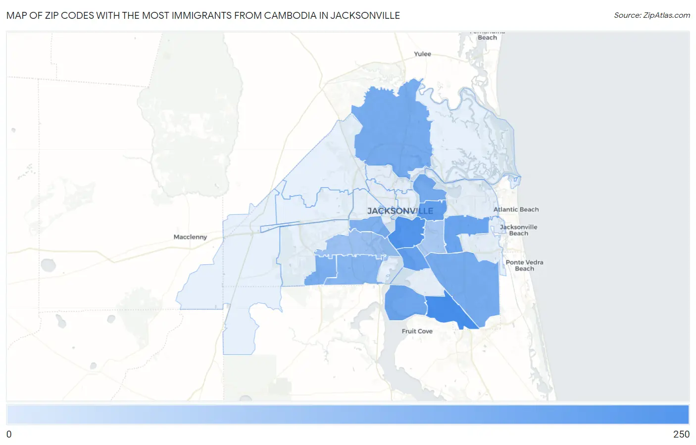 Zip Codes with the Most Immigrants from Cambodia in Jacksonville Map