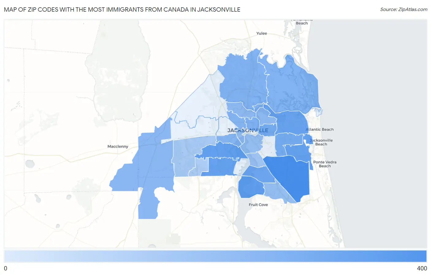 Zip Codes with the Most Immigrants from Canada in Jacksonville Map