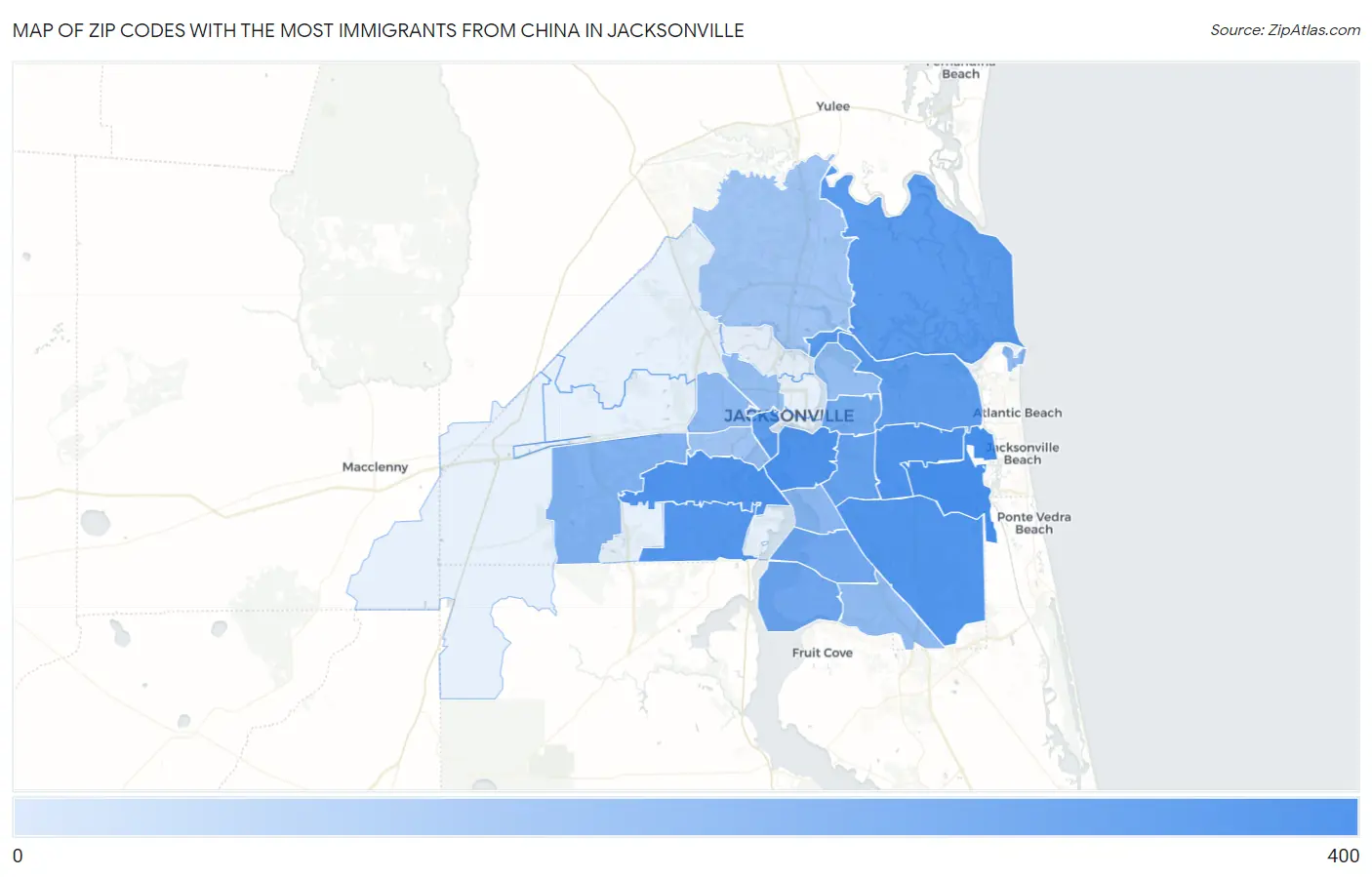 Zip Codes with the Most Immigrants from China in Jacksonville Map