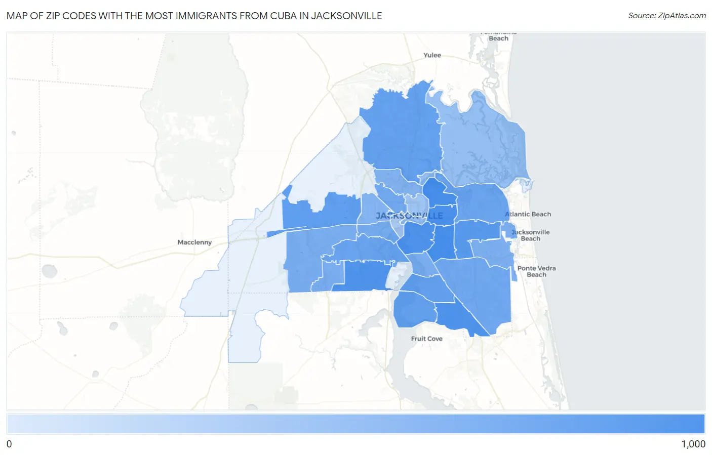 Zip Codes with the Most Immigrants from Cuba in Jacksonville Map