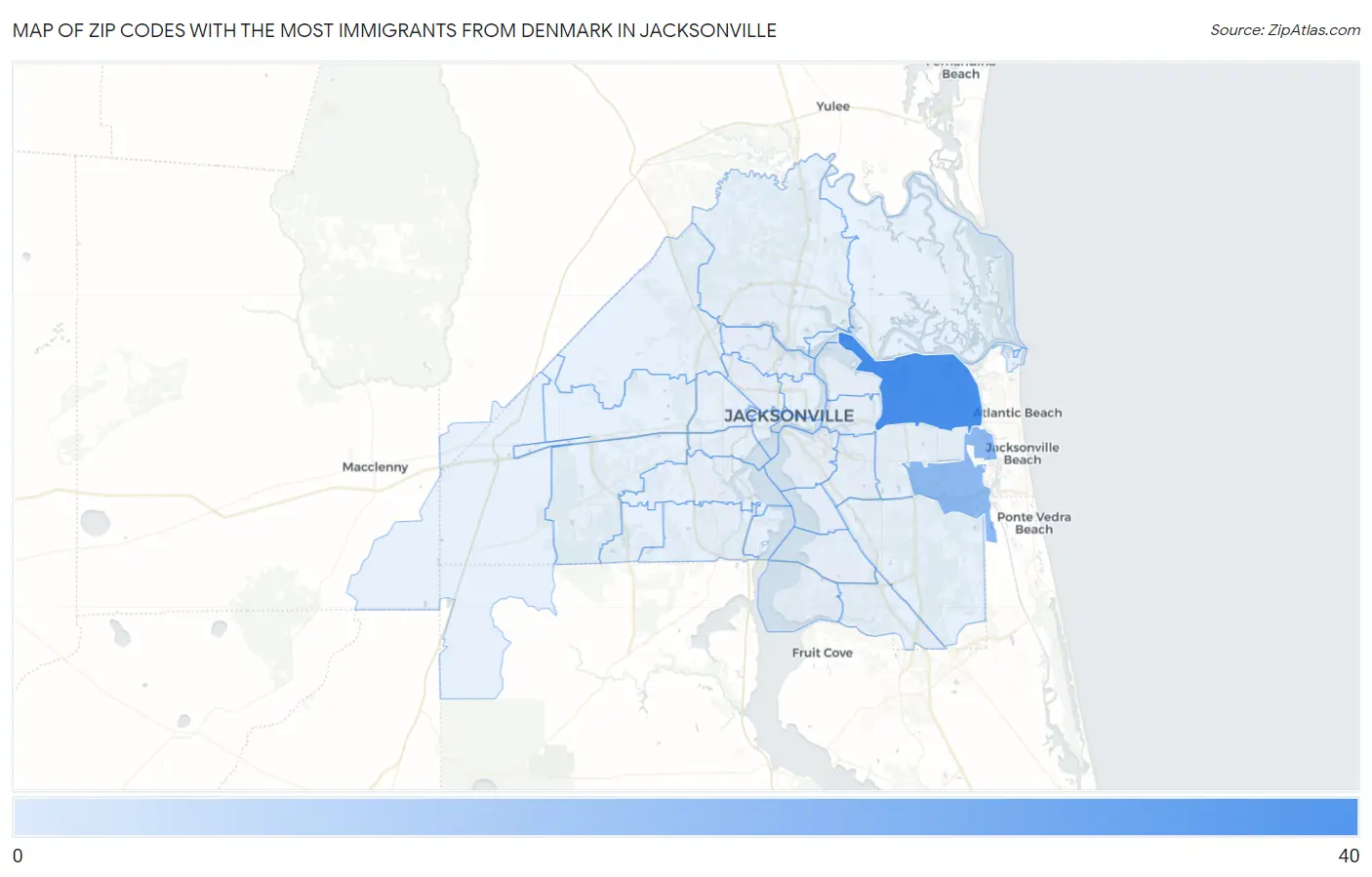 Zip Codes with the Most Immigrants from Denmark in Jacksonville Map