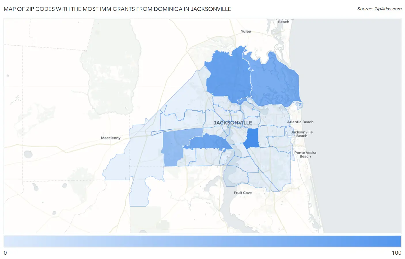 Zip Codes with the Most Immigrants from Dominica in Jacksonville Map