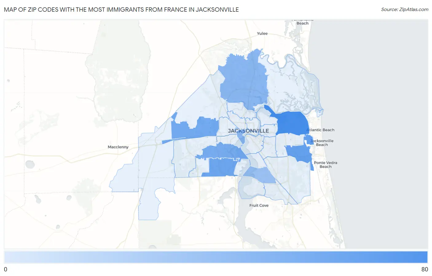 Zip Codes with the Most Immigrants from France in Jacksonville Map
