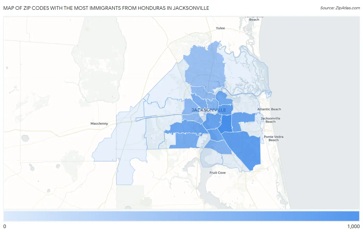 Zip Codes with the Most Immigrants from Honduras in Jacksonville Map