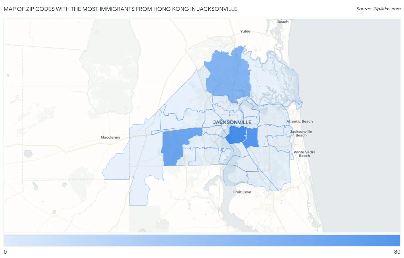 Zip Codes with the Most Immigrants from Hong Kong in Jacksonville Map