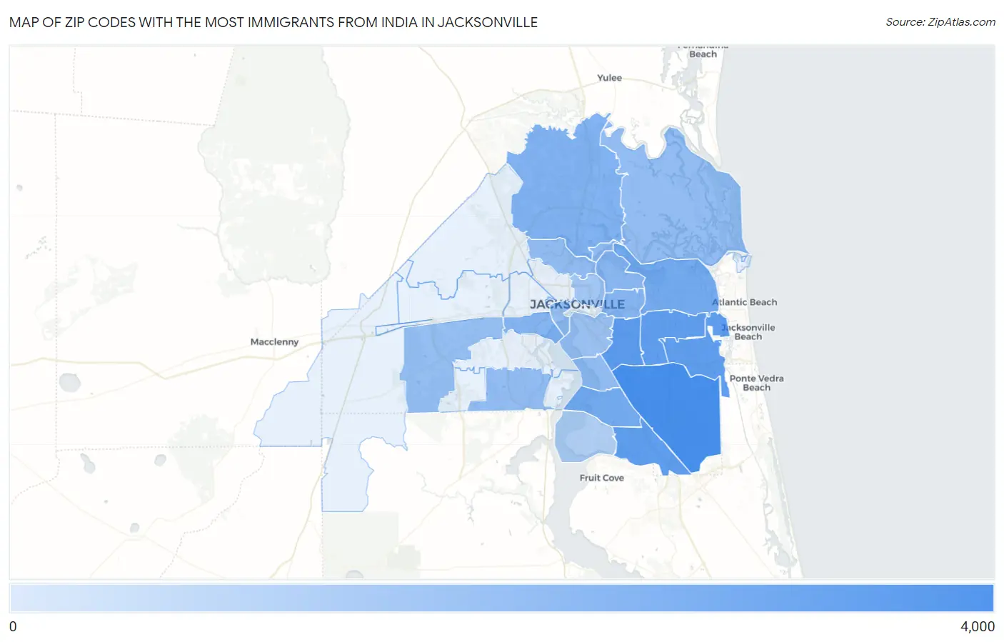 Zip Codes with the Most Immigrants from India in Jacksonville Map