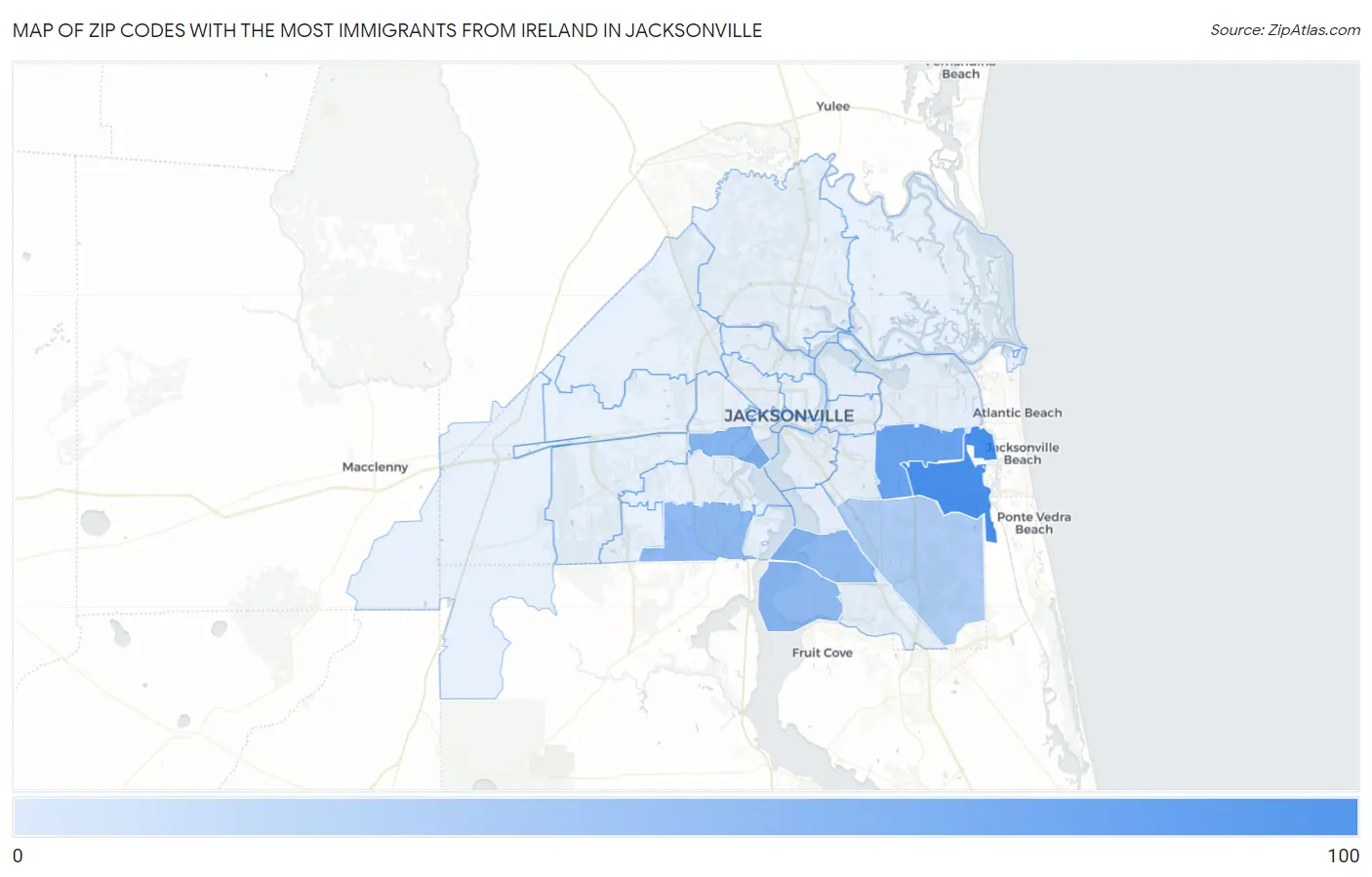 Zip Codes with the Most Immigrants from Ireland in Jacksonville Map