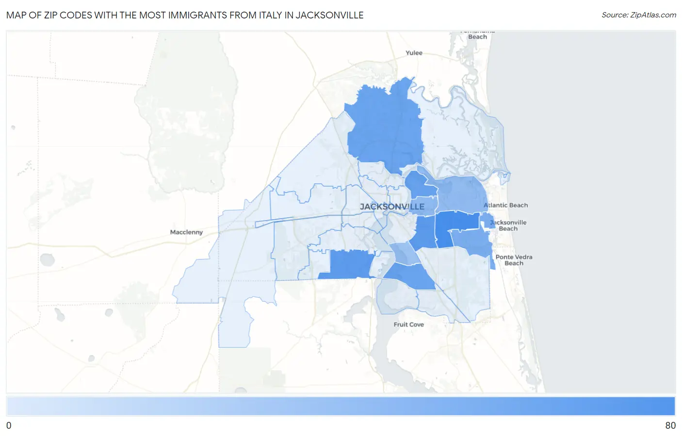 Zip Codes with the Most Immigrants from Italy in Jacksonville Map