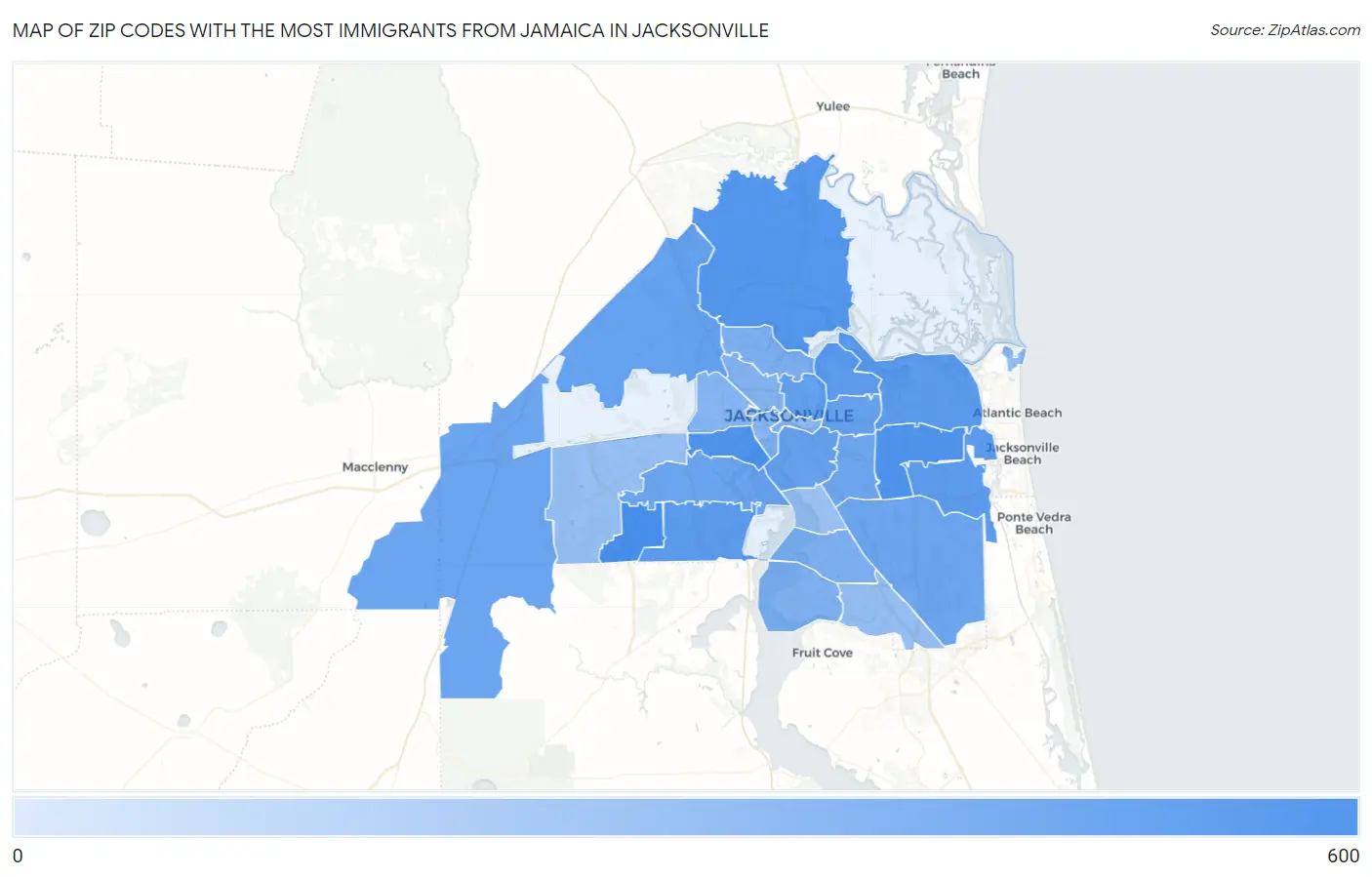 Zip Codes with the Most Immigrants from Jamaica in Jacksonville Map