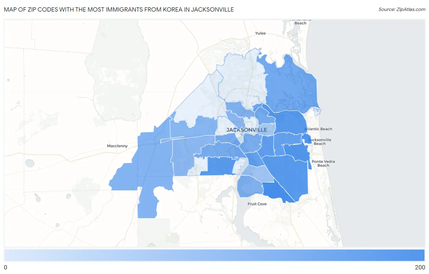 Zip Codes with the Most Immigrants from Korea in Jacksonville Map