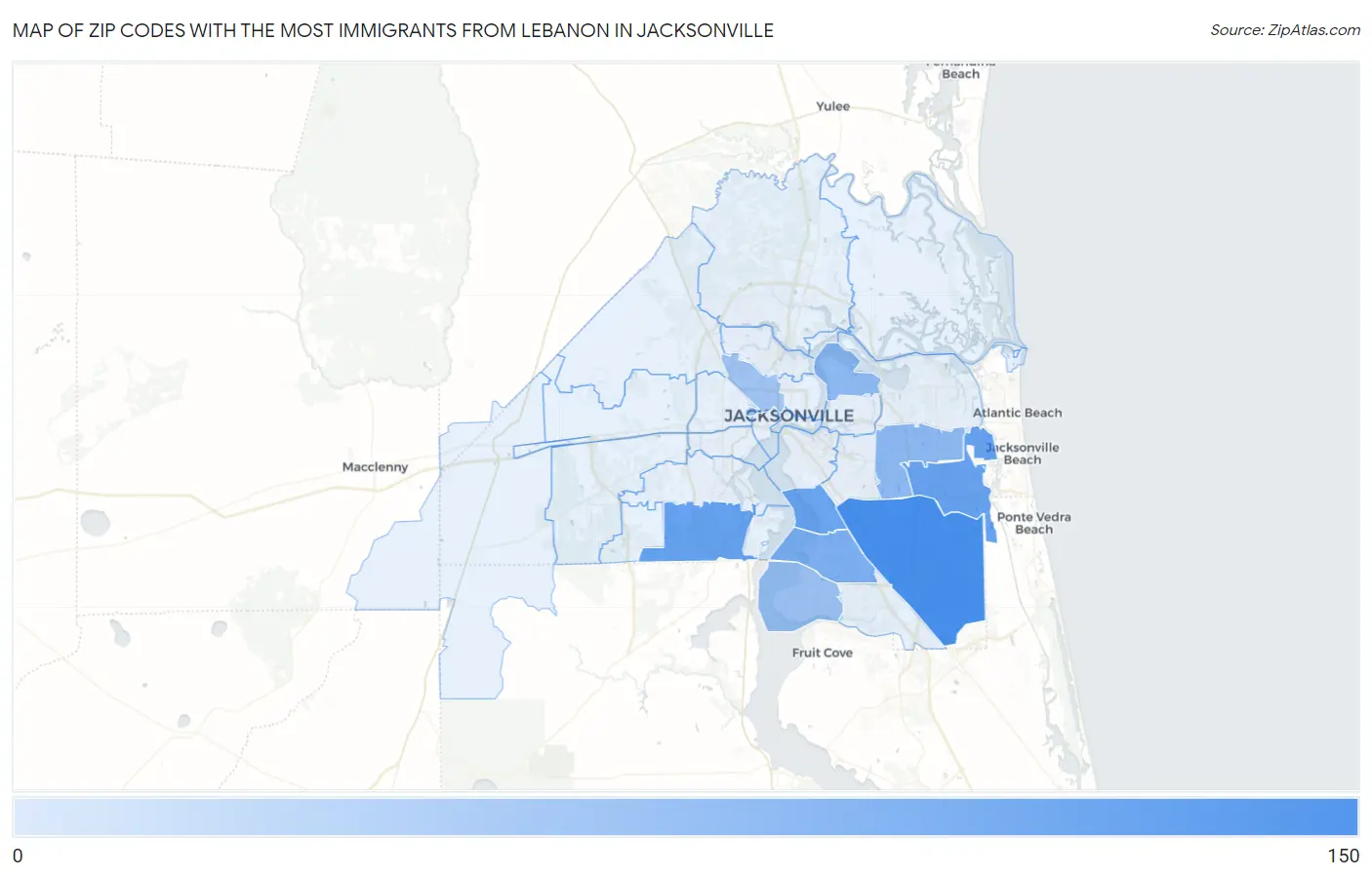 Zip Codes with the Most Immigrants from Lebanon in Jacksonville Map