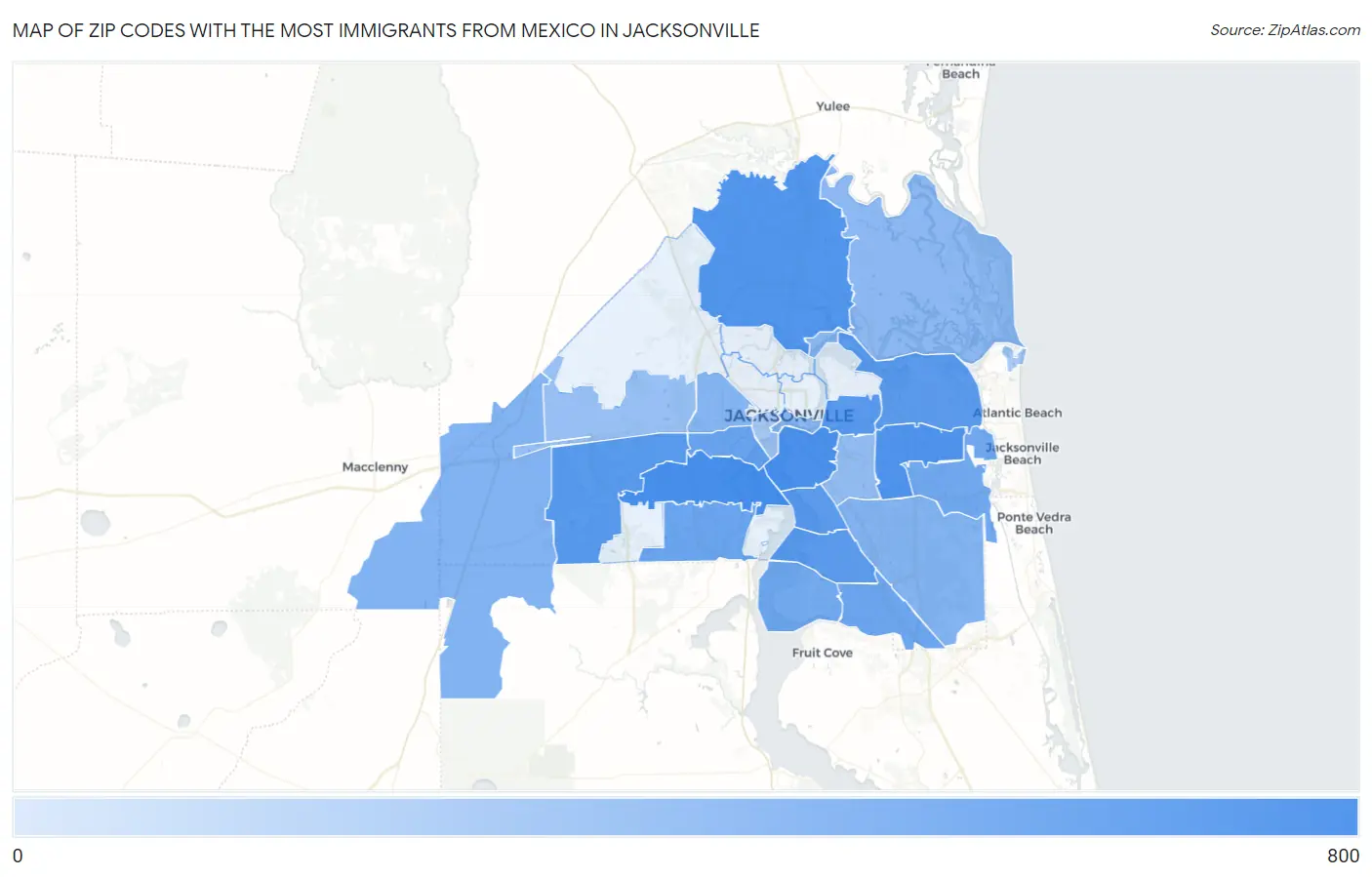 Zip Codes with the Most Immigrants from Mexico in Jacksonville Map
