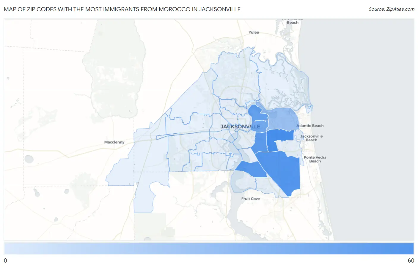 Zip Codes with the Most Immigrants from Morocco in Jacksonville Map
