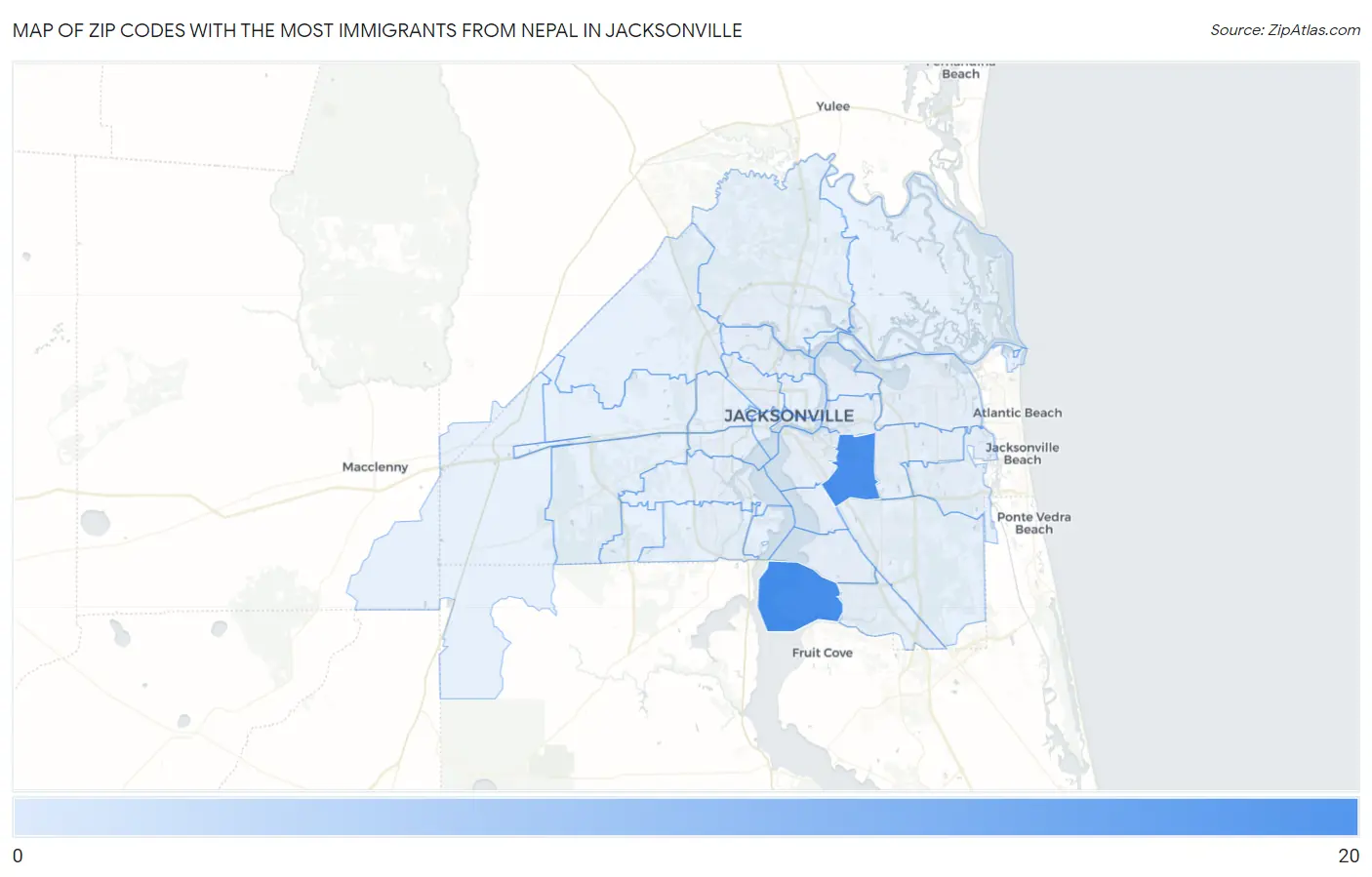 Zip Codes with the Most Immigrants from Nepal in Jacksonville Map