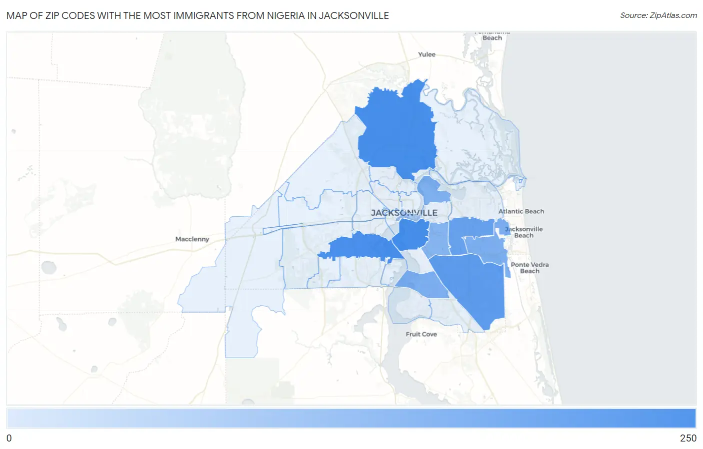 Zip Codes with the Most Immigrants from Nigeria in Jacksonville Map