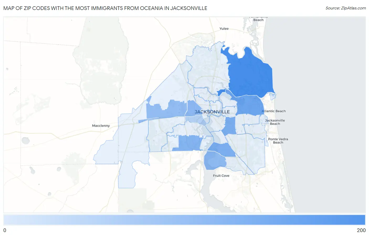Zip Codes with the Most Immigrants from Oceania in Jacksonville Map