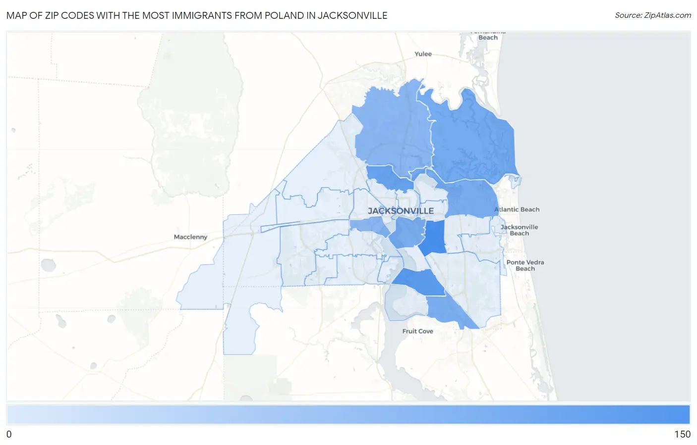 Zip Codes with the Most Immigrants from Poland in Jacksonville Map