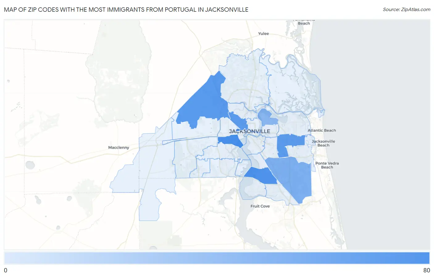 Zip Codes with the Most Immigrants from Portugal in Jacksonville Map