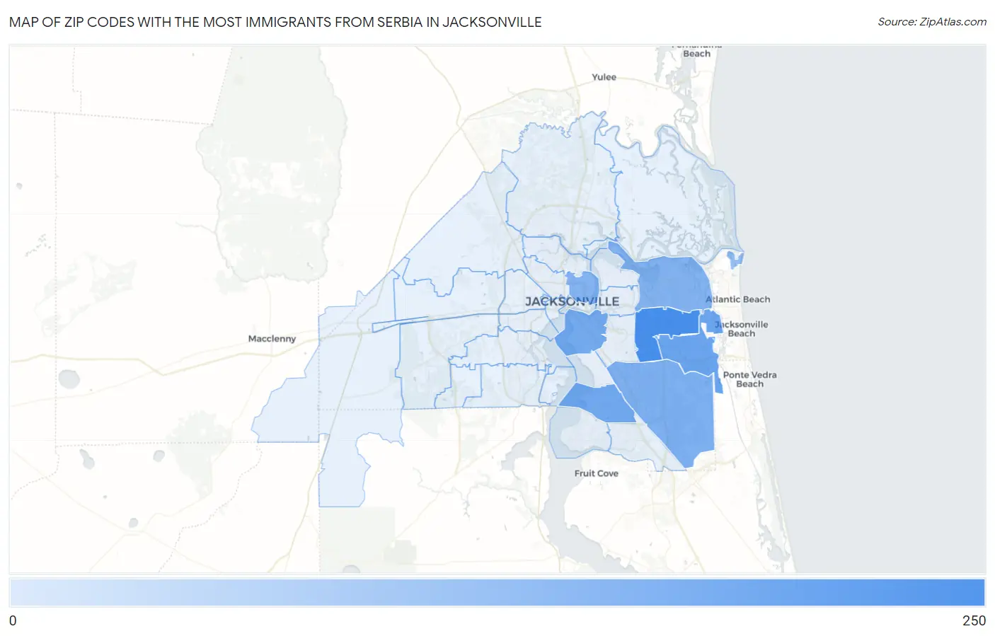 Zip Codes with the Most Immigrants from Serbia in Jacksonville Map