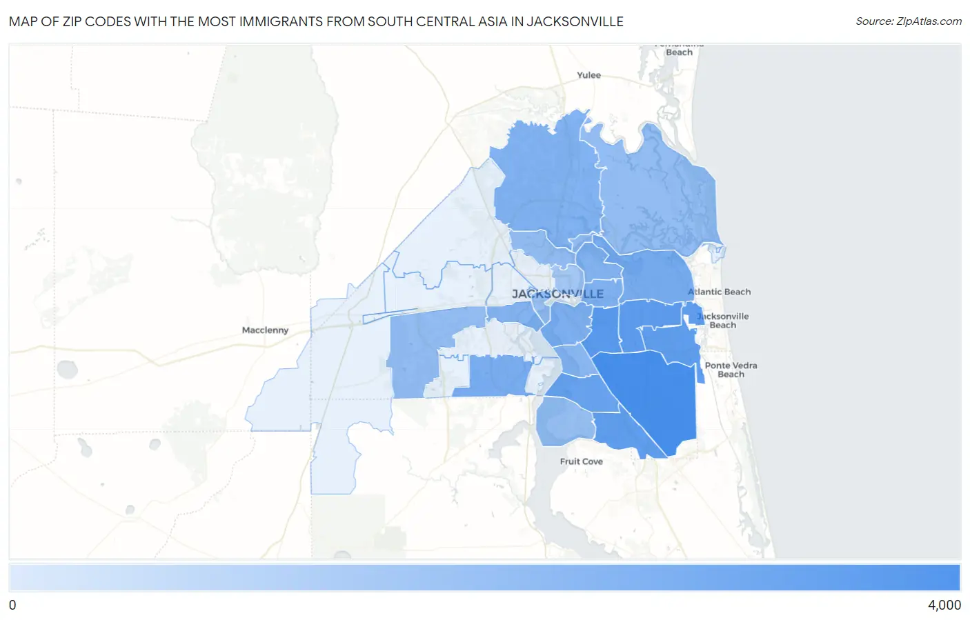 Zip Codes with the Most Immigrants from South Central Asia in Jacksonville Map