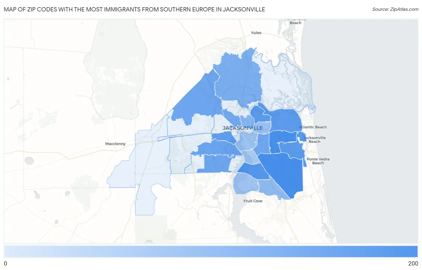 Zip Codes with the Most Immigrants from Southern Europe in Jacksonville Map