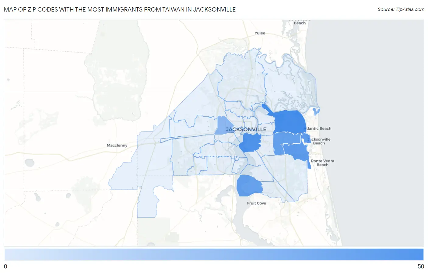 Zip Codes with the Most Immigrants from Taiwan in Jacksonville Map