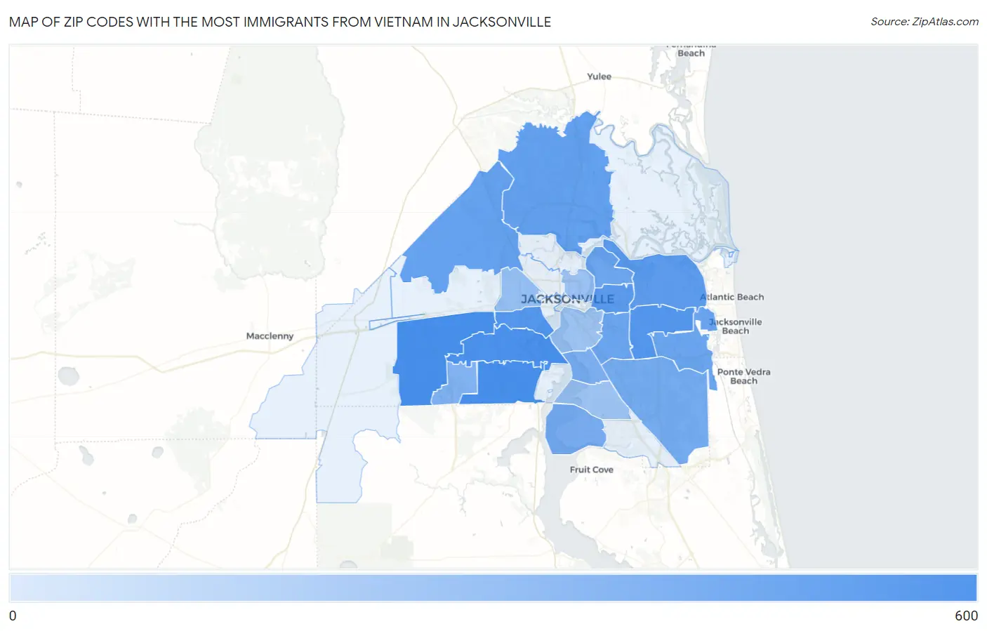 Zip Codes with the Most Immigrants from Vietnam in Jacksonville Map