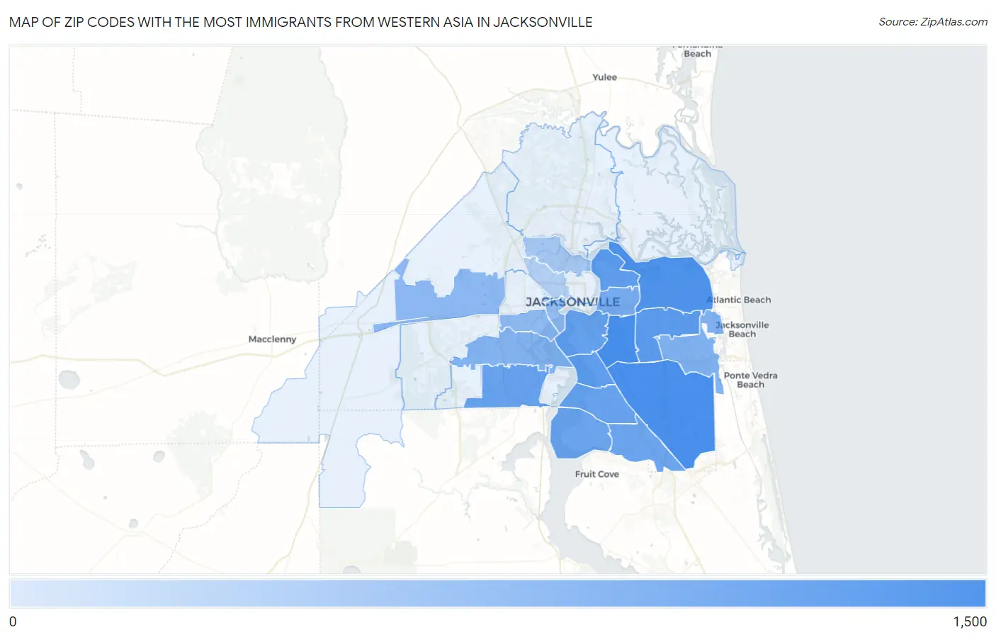 Zip Codes with the Most Immigrants from Western Asia in Jacksonville Map