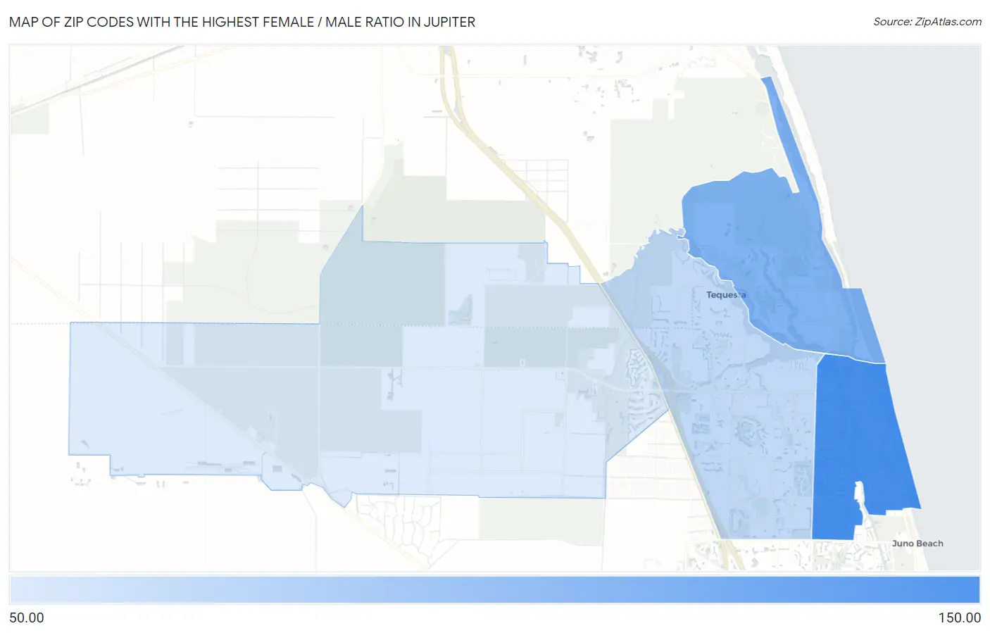 Zip Codes with the Highest Female / Male Ratio in Jupiter Map