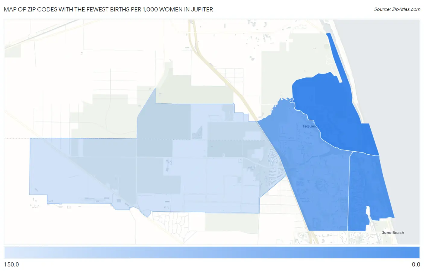 Zip Codes with the Fewest Births per 1,000 Women in Jupiter Map