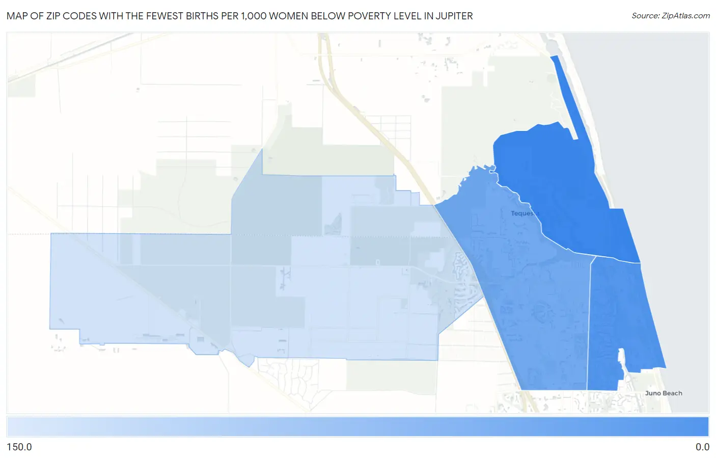 Zip Codes with the Fewest Births per 1,000 Women Below Poverty Level in Jupiter Map