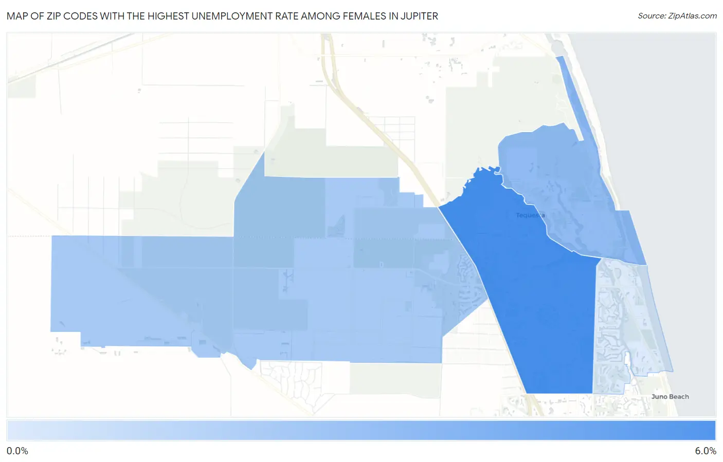 Zip Codes with the Highest Unemployment Rate Among Females in Jupiter Map