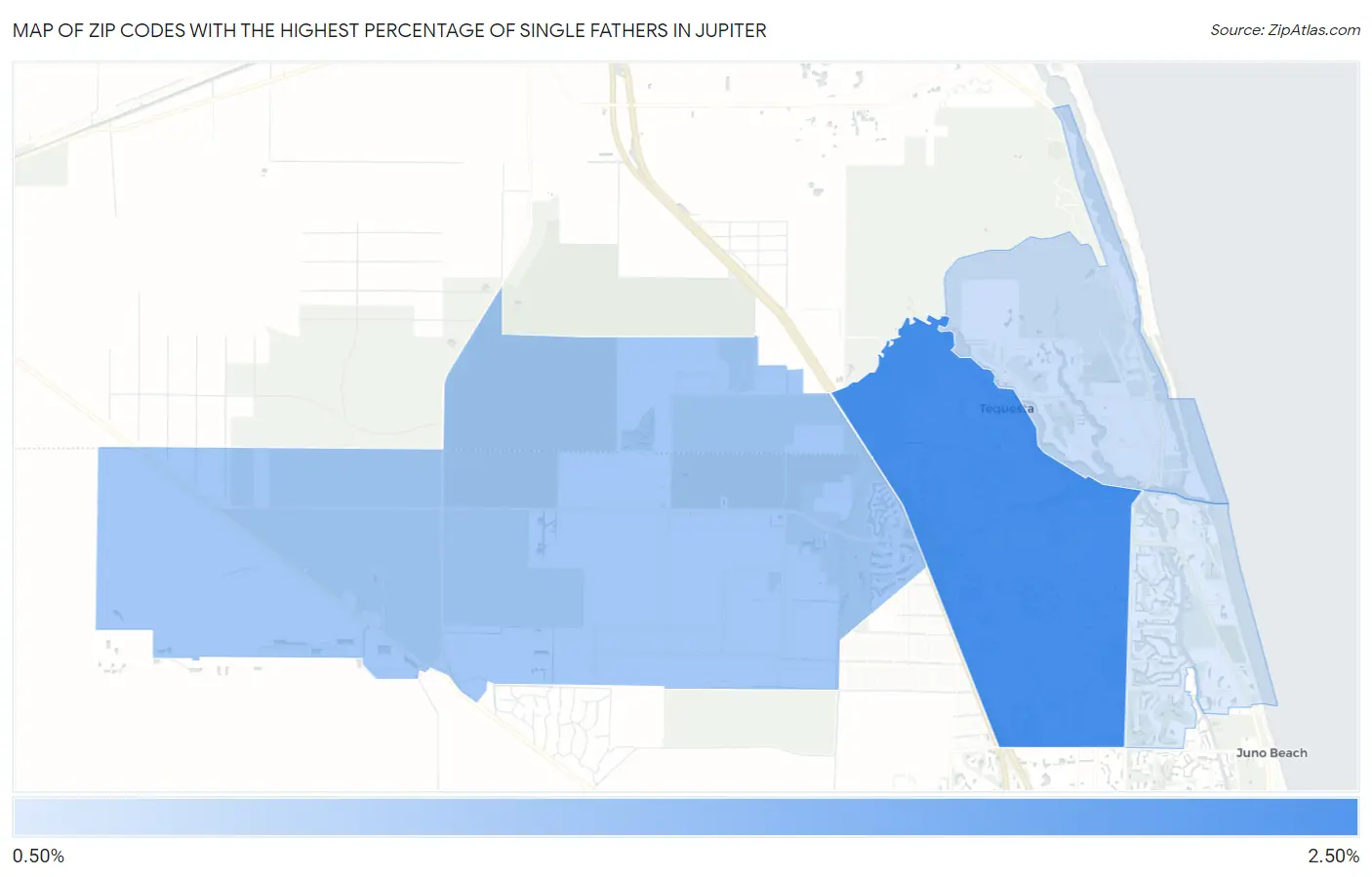 Zip Codes with the Highest Percentage of Single Fathers in Jupiter Map