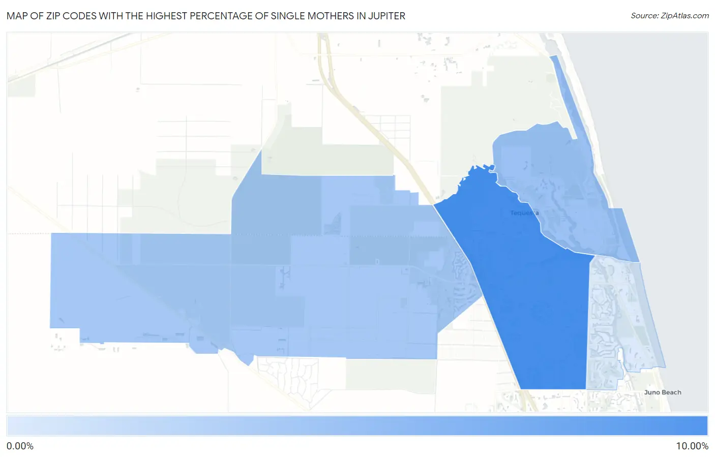 Zip Codes with the Highest Percentage of Single Mothers in Jupiter Map