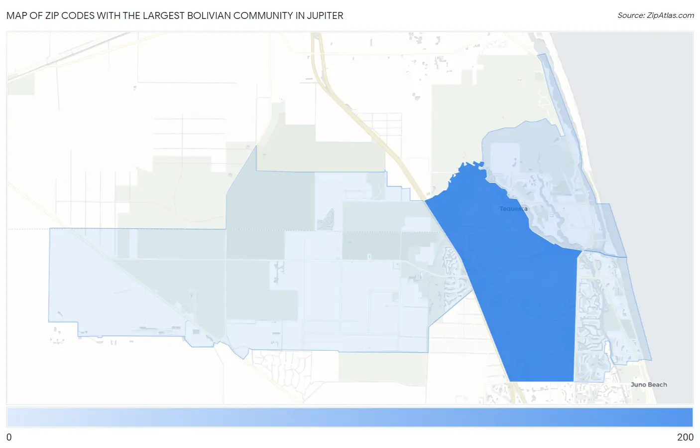Zip Codes with the Largest Bolivian Community in Jupiter Map