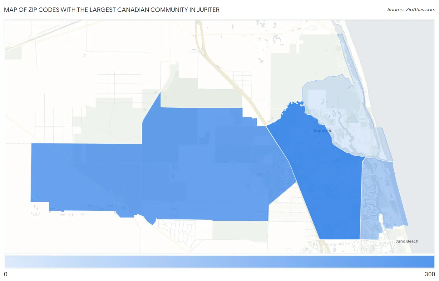 Zip Codes with the Largest Canadian Community in Jupiter Map