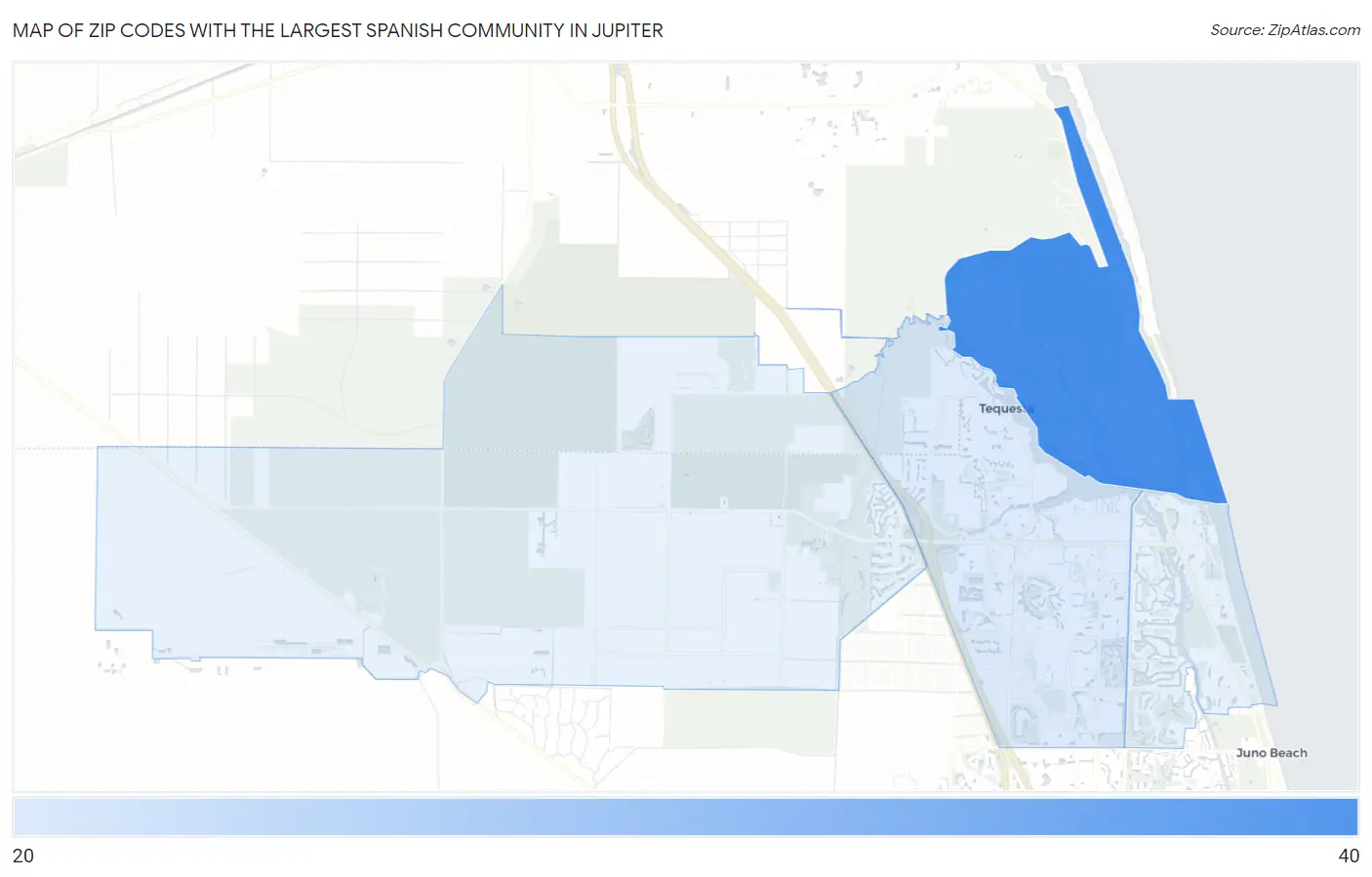 Zip Codes with the Largest Spanish Community in Jupiter Map