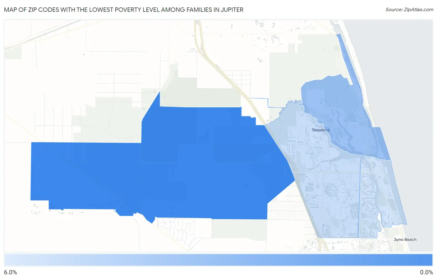 Zip Codes with the Lowest Poverty Level Among Families in Jupiter Map