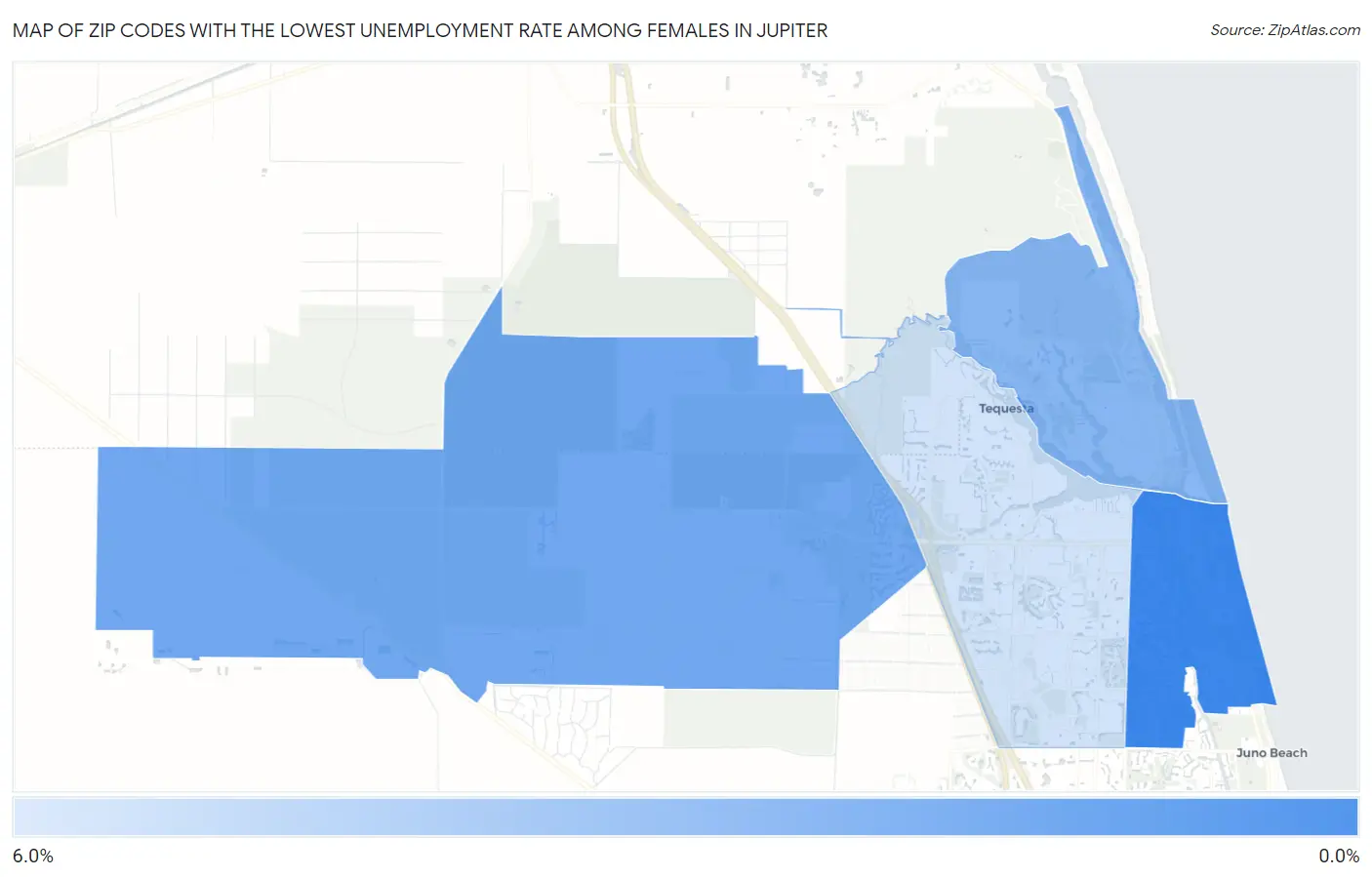 Zip Codes with the Lowest Unemployment Rate Among Females in Jupiter Map
