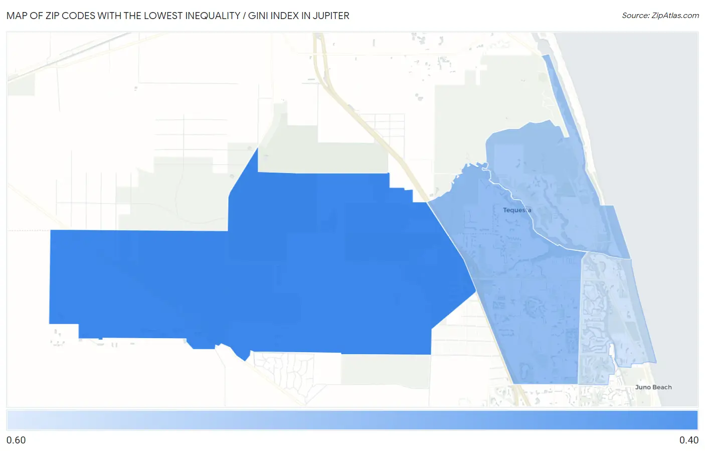 Zip Codes with the Lowest Inequality / Gini Index in Jupiter Map