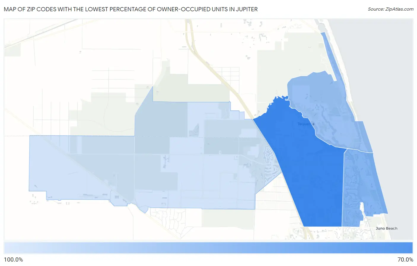 Zip Codes with the Lowest Percentage of Owner-Occupied Units in Jupiter Map