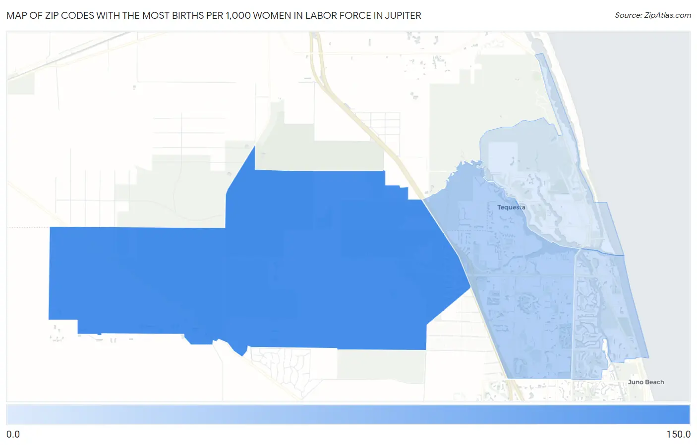 Zip Codes with the Most Births per 1,000 Women in Labor Force in Jupiter Map