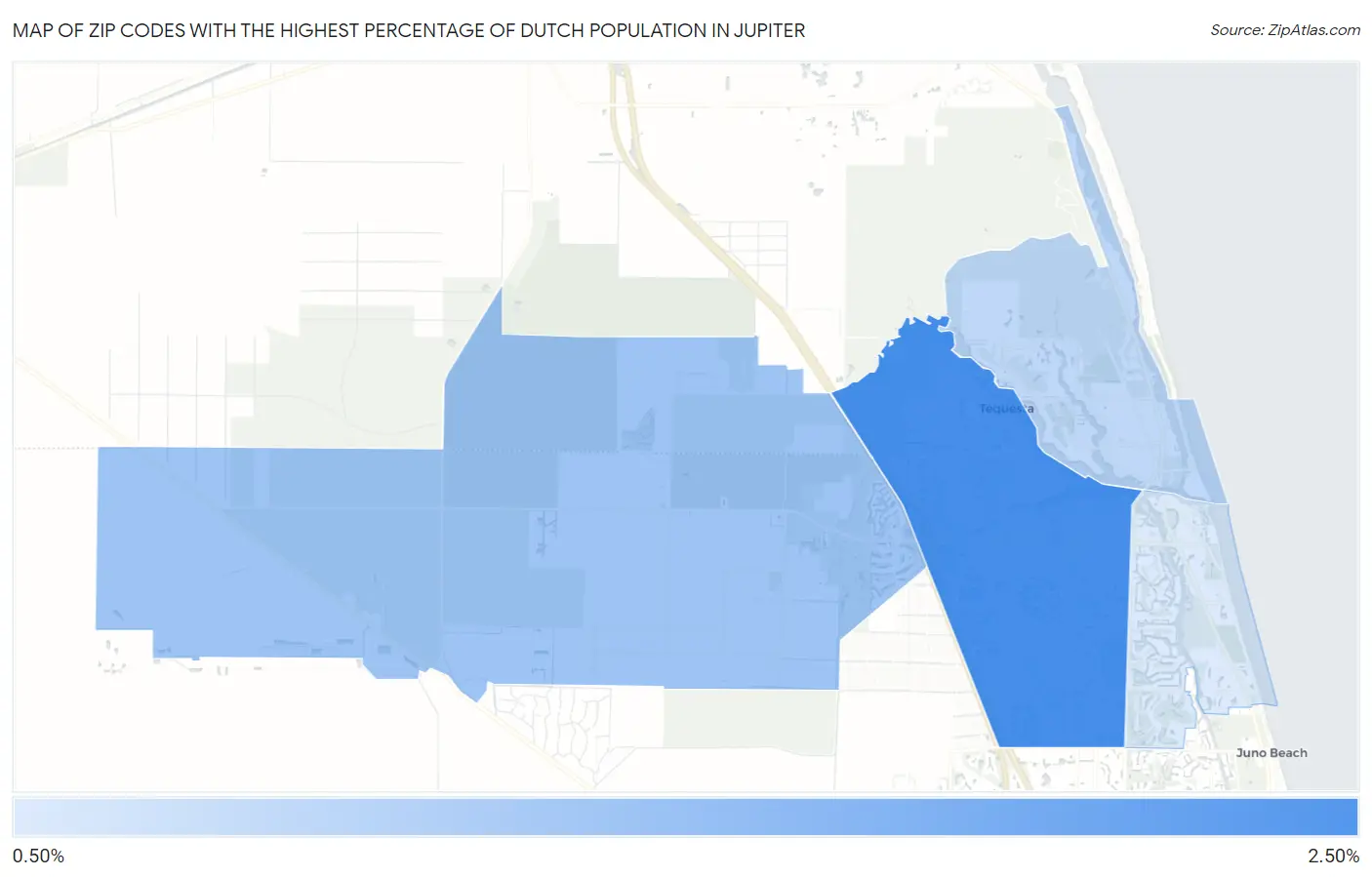 Zip Codes with the Highest Percentage of Dutch Population in Jupiter Map
