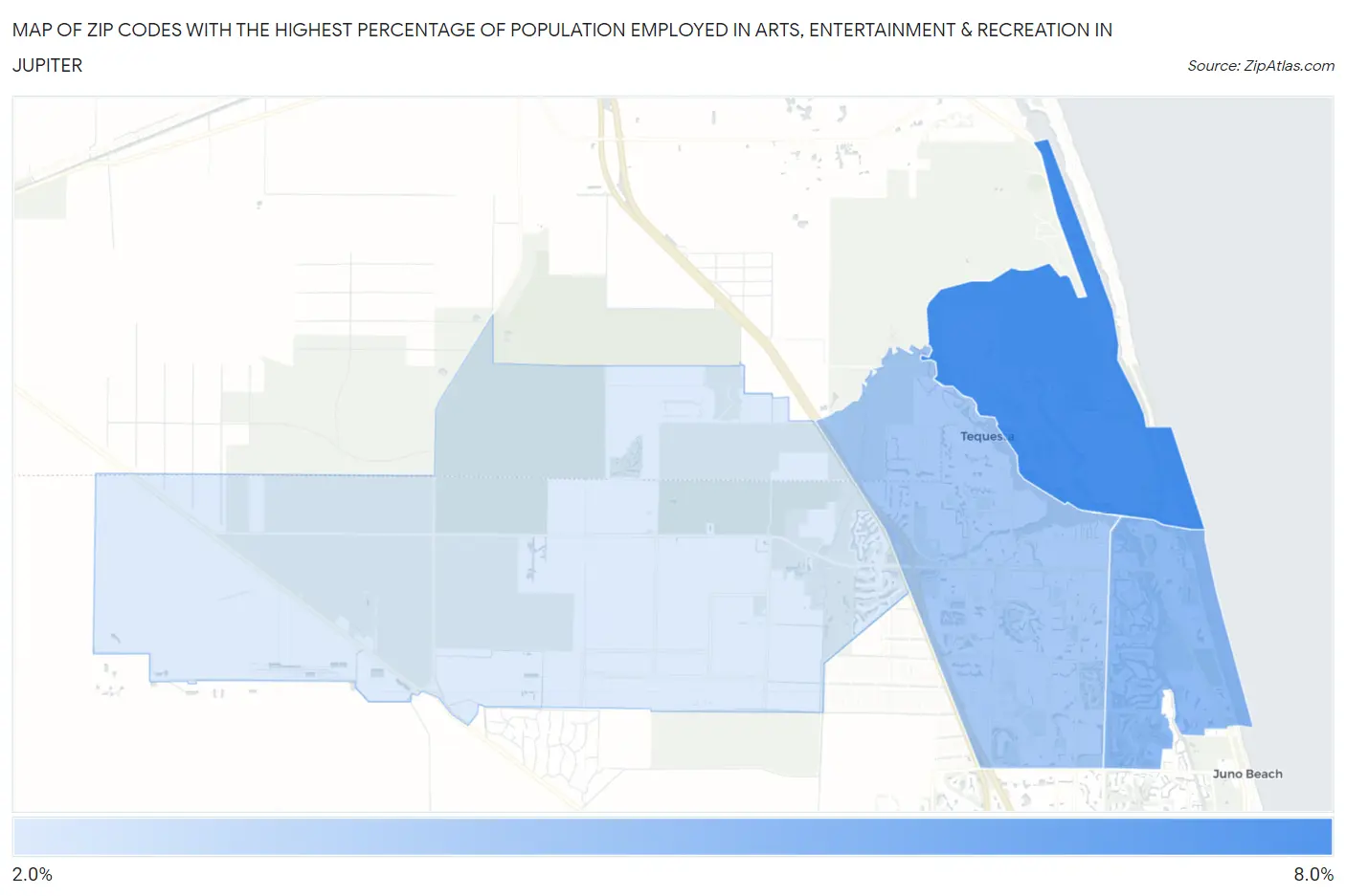 Zip Codes with the Highest Percentage of Population Employed in Arts, Entertainment & Recreation in Jupiter Map