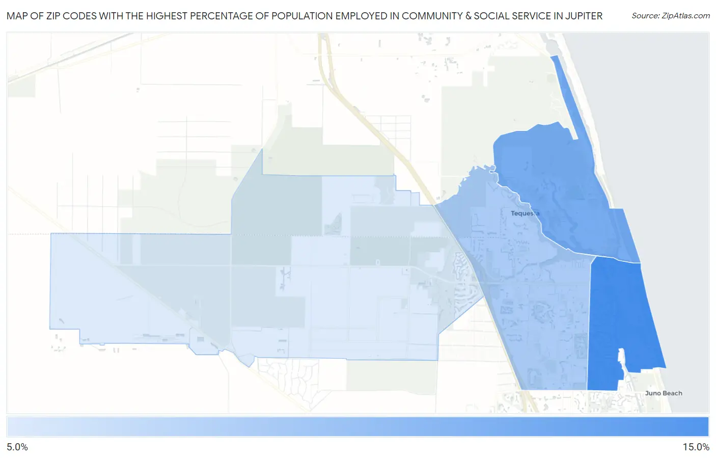Zip Codes with the Highest Percentage of Population Employed in Community & Social Service  in Jupiter Map
