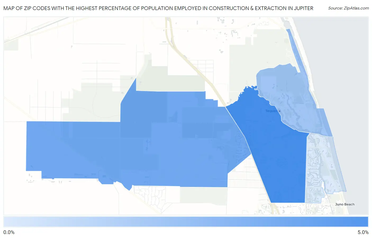 Zip Codes with the Highest Percentage of Population Employed in Construction & Extraction in Jupiter Map